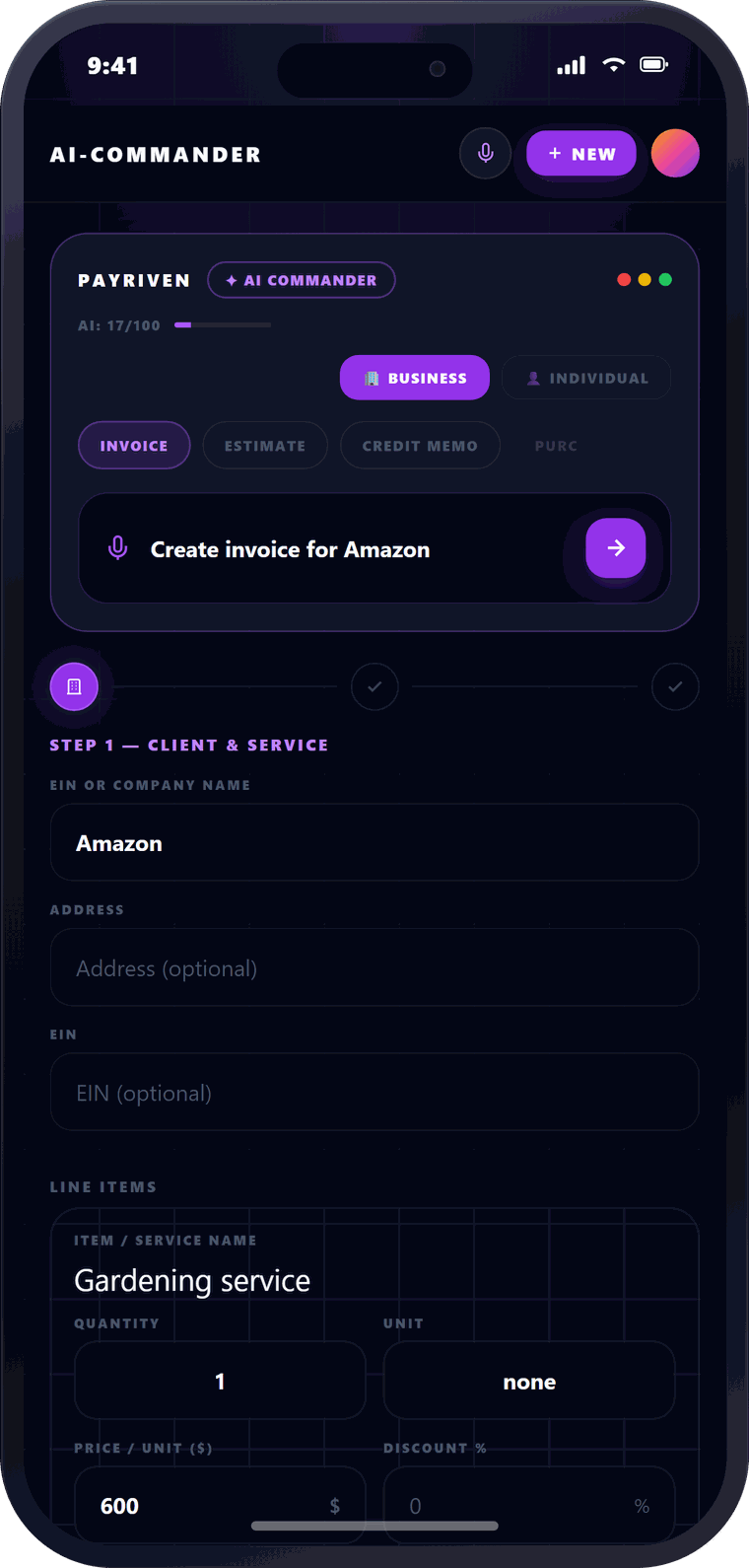 The PayRiven HVAC invoice app building an itemized invoice from a spoken job description