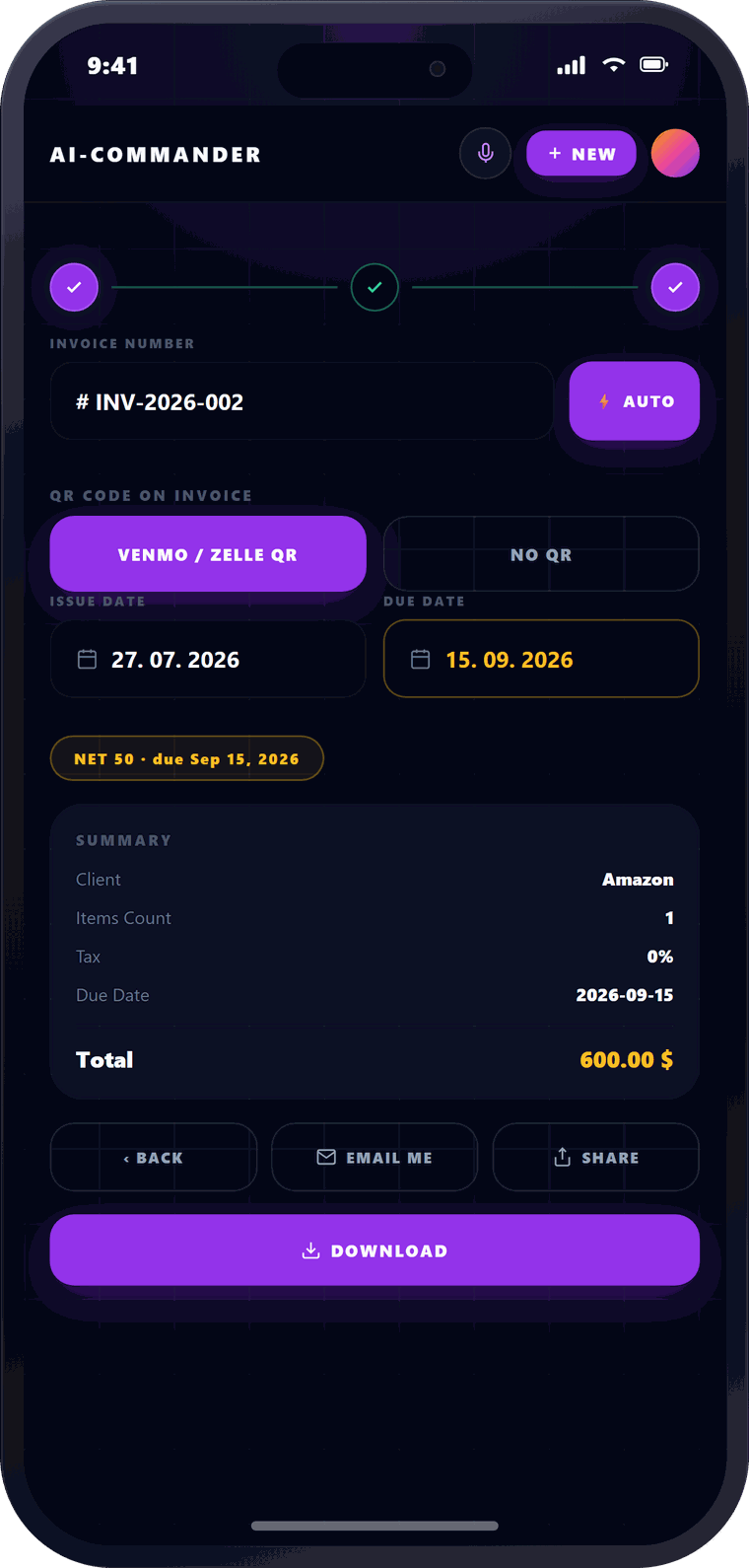 A finished invoice with a payment QR code, created in under 30 seconds with PayRiven