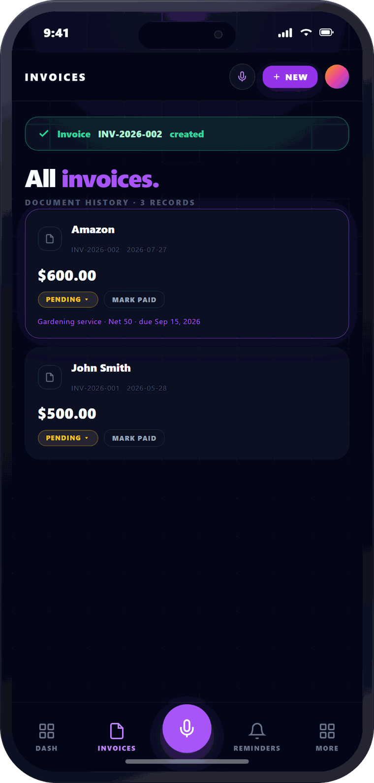 A finished HVAC invoice appearing in the PayRiven HVAC invoice app document history, with its payment status and due date