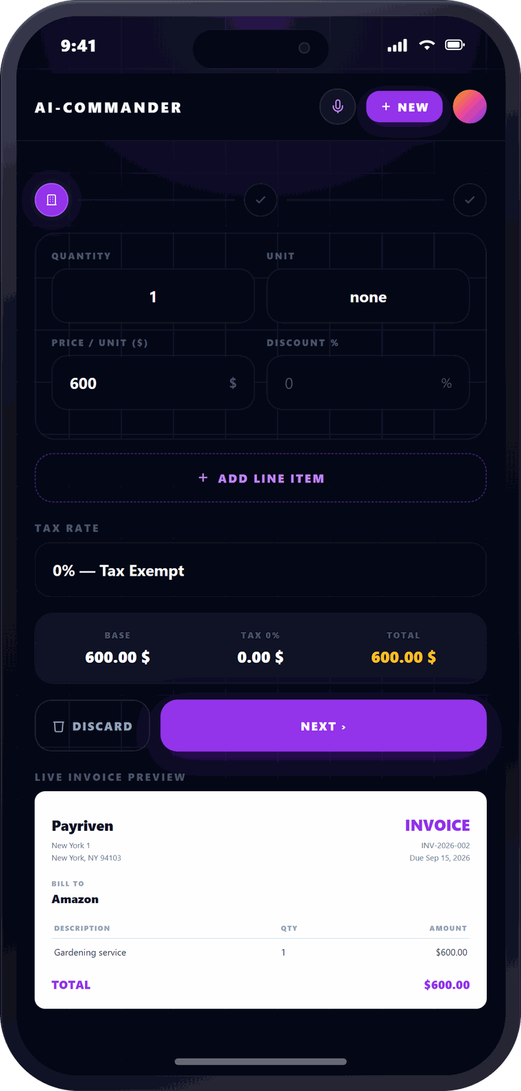 Parts and labor entered as separate line items in the PayRiven invoice app for electricians, with the invoice total building underneath